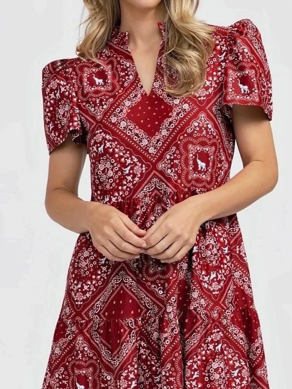 Smith & Quinn Tailgate Alabama Bandana Print Tiered Mini Dress Red & White